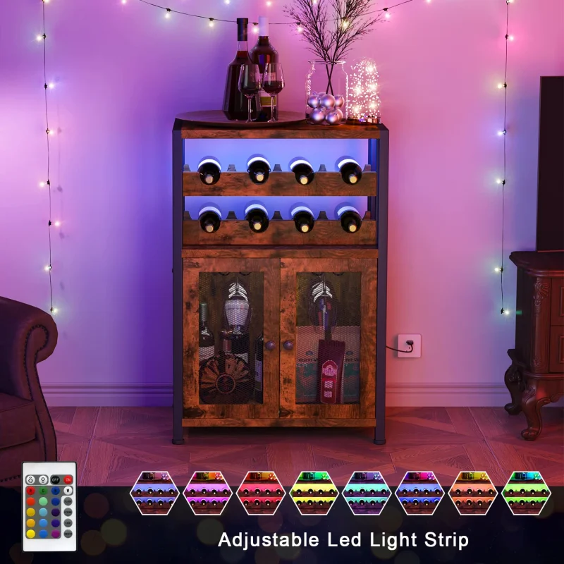 Wine Bar Rack Cabinet with Led Lights and USB Port, Industrial Coffee Bar Cabinet for Liquor and Glasses