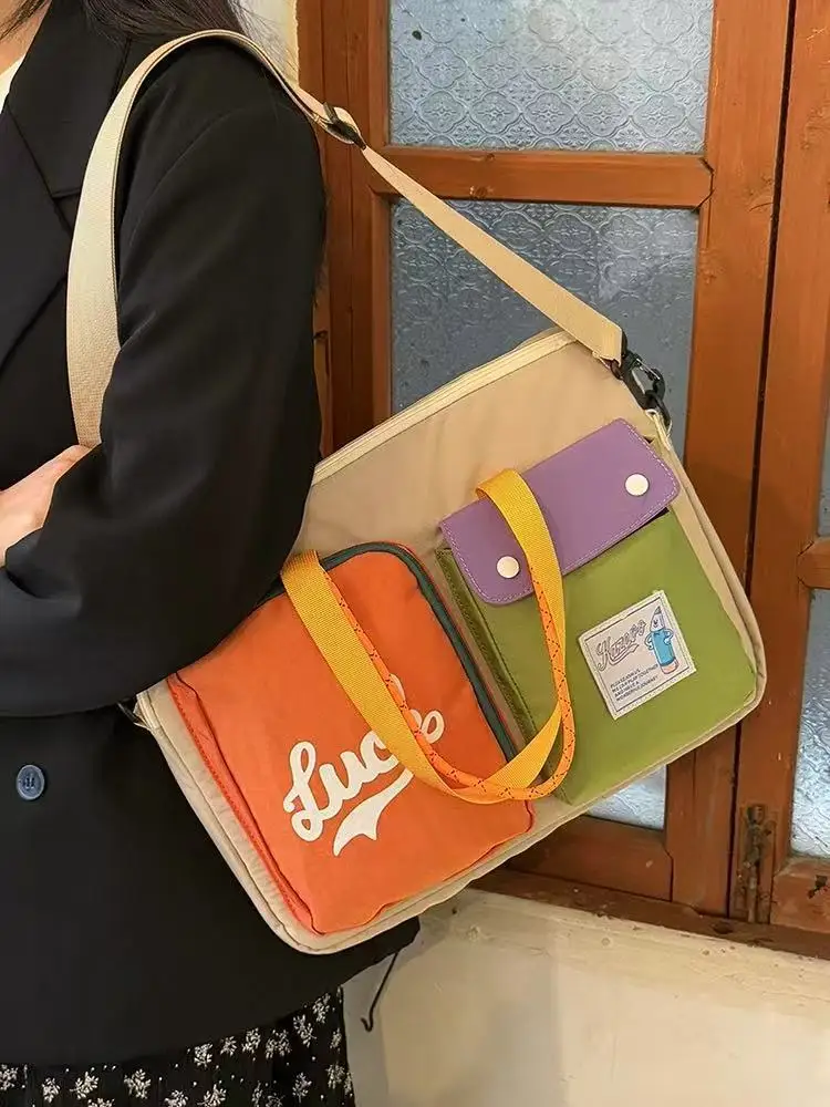 Borse a tracolla portatili per pendolarismo portatile a doppio uso da donna di grande capacità con tracolla a blocchi di colore giapponese da 16 pollici
