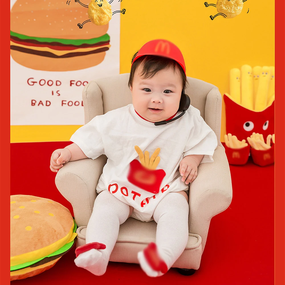 100 Days Baby Photography Costume Dining Style Theme Set Jumpsuit Socks + Hat 3pcs/Set Studio Baby Girl Boy Photo Accessories