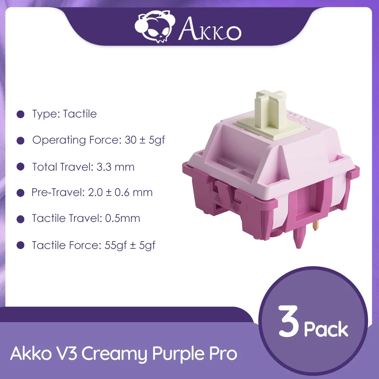 Akko V3 Creamy Purple Pro Switch 5-pins 30gf tactiele schakelaar compatibel met MX mechanisch toetsenbord (45 stuks)