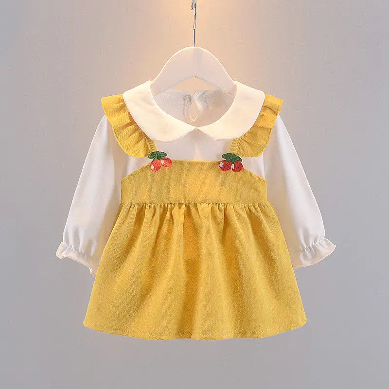 Autumn Children Girls Fake Two Piece Dress 0-3Y Baby Girls Cherry Long Sleeve Dress Peter Pan Collar Newborn Girl Princess Dress