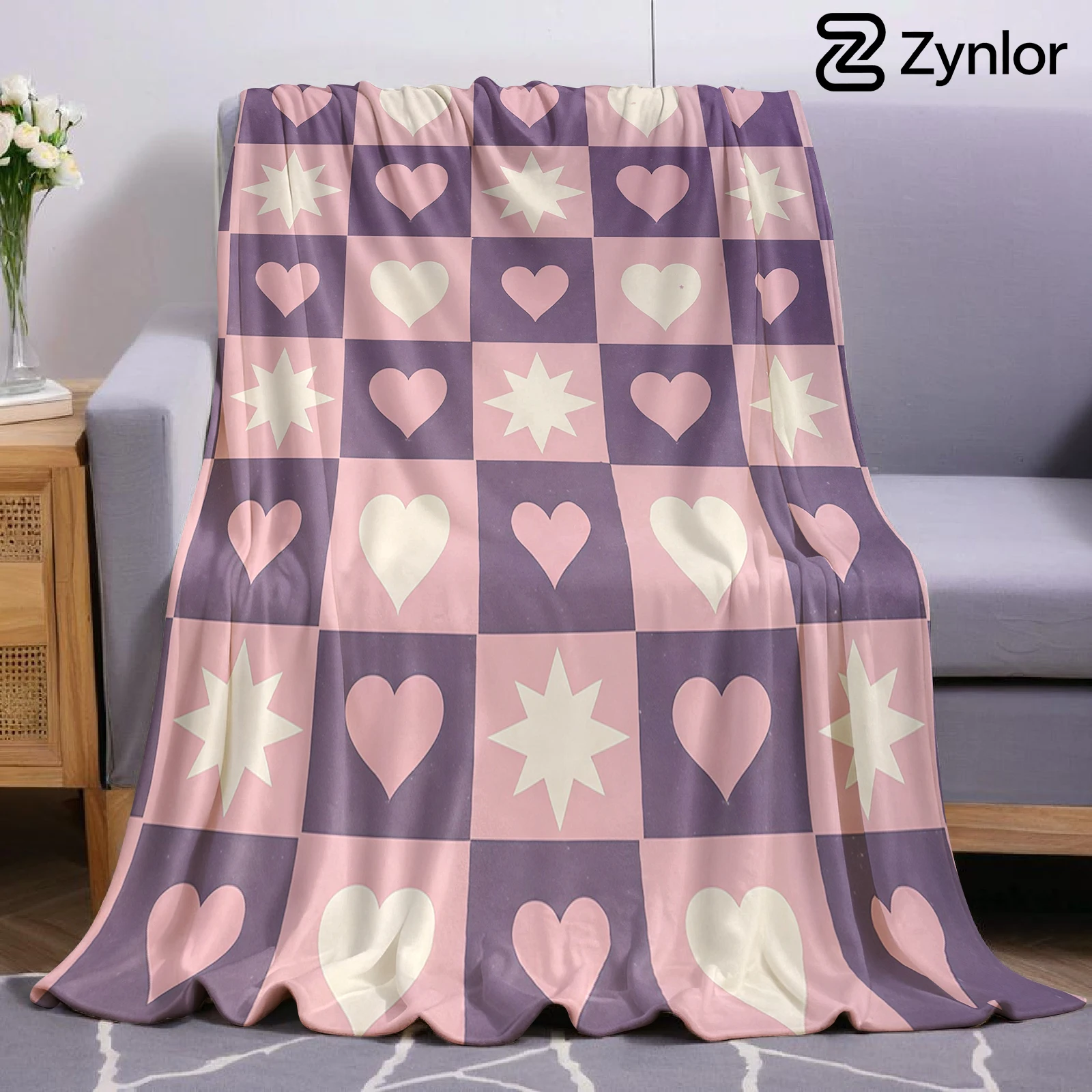 Lilac Pink Checker Heart Star Lightweight Microfiber Soft Christmas Fleece Blanket Warm Cozy Throw for Sofa Travel All Season