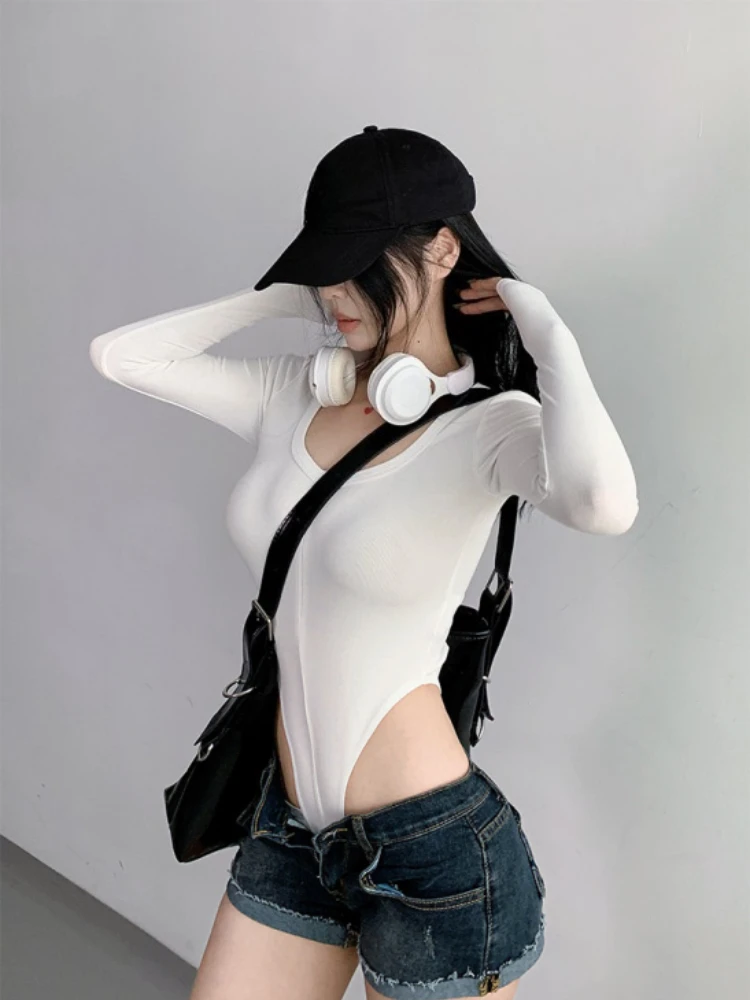 American Spicy Girl – combinaison moulante et Sexy, col en U, fermeture éclair, élastique, couleur unie, manches longues, T-shirt de sport de rue