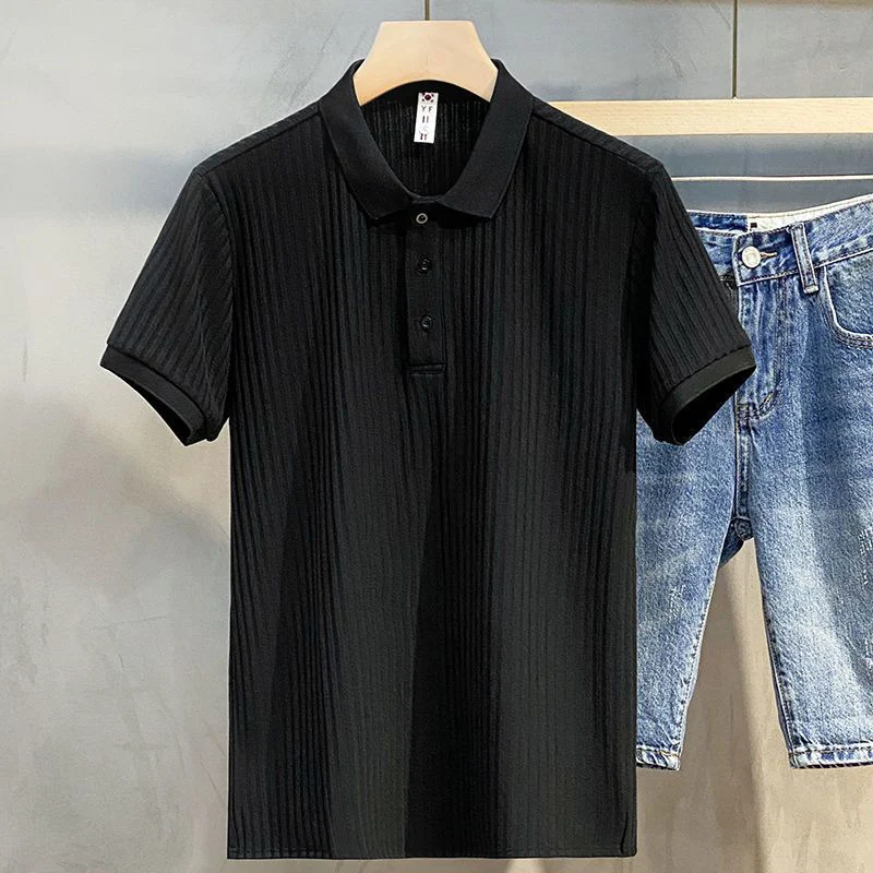 Summer Striped Print Short Sleeve Men Polo Knitted T Shirts Korean Fashion Business Casual Punk Oversized Clothing Black White