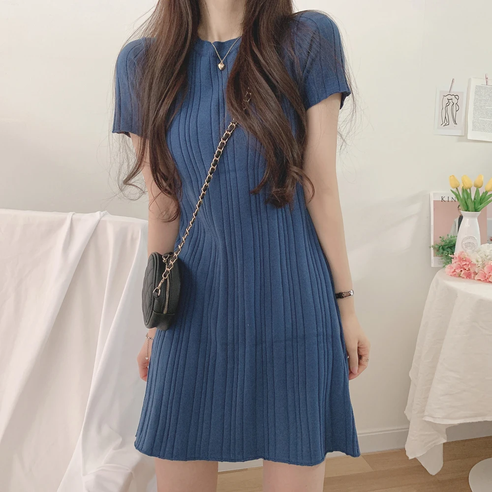 Korean Summer Gentle and Elegant Round Neck Pit Stripe Slim Ice Silk Thin Short Sleeve Wrapped Hip Knitted Dress for Women