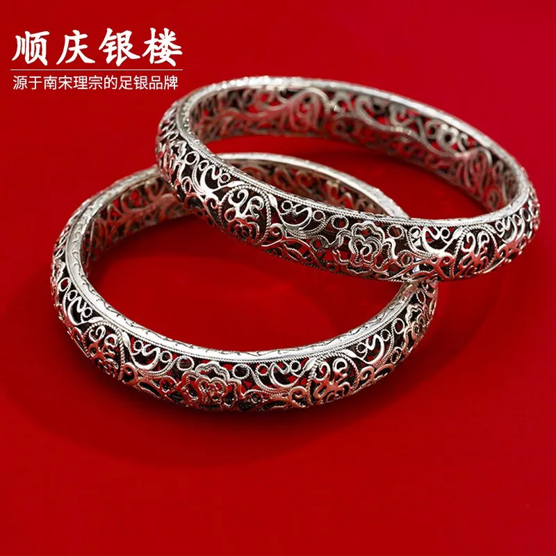 Shunqing Yinlou S990 Silver Bracelet Peony Blossom to Give Mom Chinese Style Young Silver Bracelet Silver Jewelry