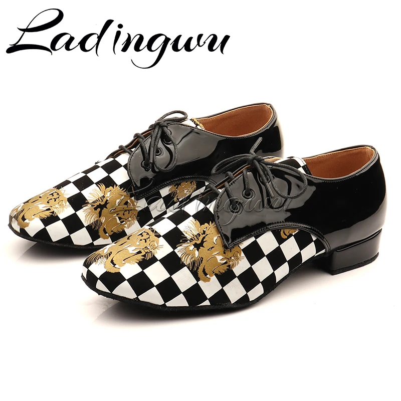 Ladingwu Men's Dance Shoes Fashion Square Pattern Ballroom Dancing Shoes Modern Jazz Boy Dance Shoes low Heel 2.5cm 4.5cm