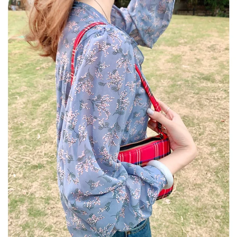 Sweet Button Printed Floral Shirt Women Casual Slim Chiffon Blouse Korean Style Puff Long Sleeve Office Lady Tops Blusas