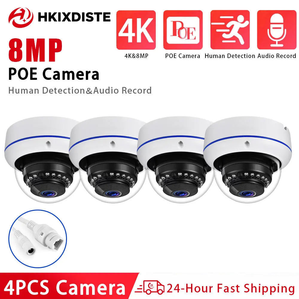 8MP 4K POE Dome Security IP Camera Infrared Night Vision With 48V POE/DC 12V Audio Record Super HD Video Surveillance For 4K NVR