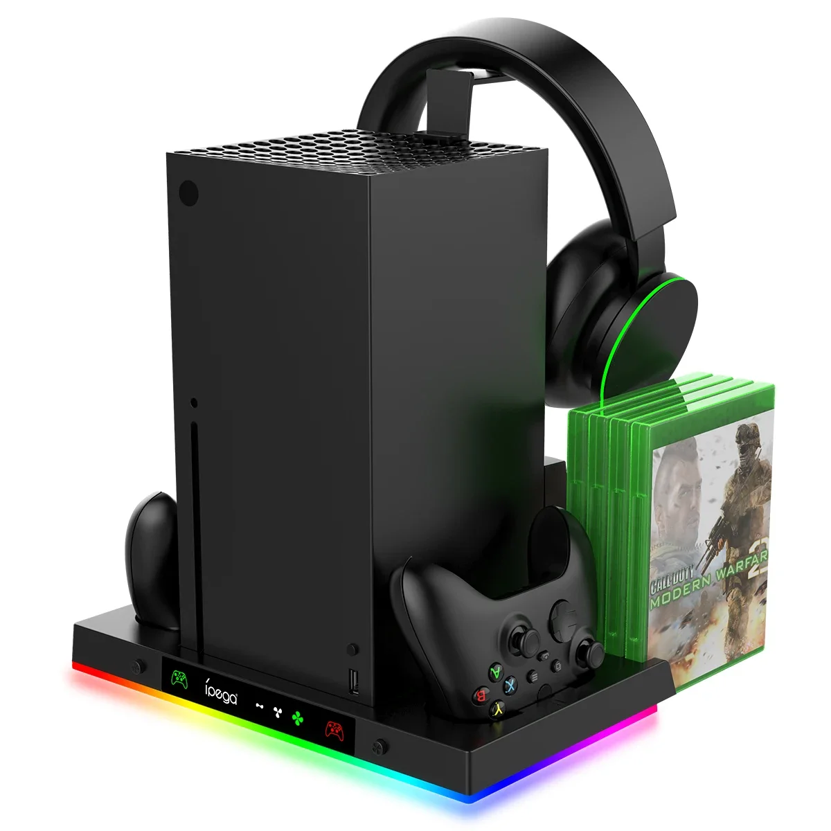 حامل مروحة التبريد ومحطة شحن لوحدة التحكم ووحدة التحكم Xbox Series X مع ضوء ملون 15RGB مع ملحقات خطاف سماعة الرأس