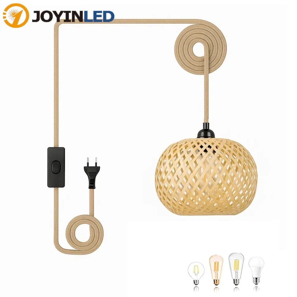 JOYINLED Hemp Rope Lamp Holder with 4.5M EU/US Plug in Cord Retro Pendant Light Cord with ON/OFF Switch E26 E27 Base For DIY