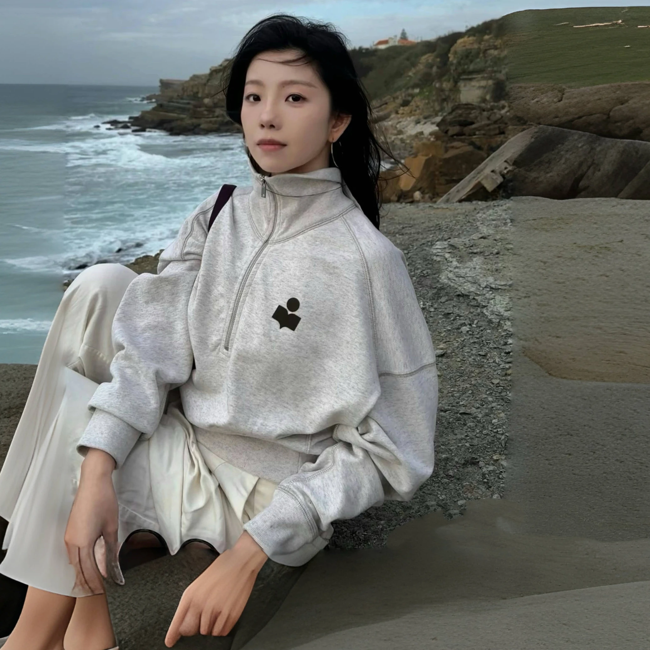 

Classic Zipper Sweatirt Casual f High Collar ey Streetwear Sle Loose Fit Cotton Long Sve Hoodie for Women