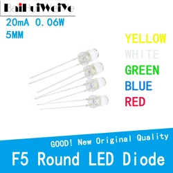 Lote de 100 unidades de diodo LED ultrabrillante, patas rojas/verdes/azules/blancas/amarillas, transparente, 5MM, redondo, F5 20(mA) 0,06 (W) 3V-3,3 V