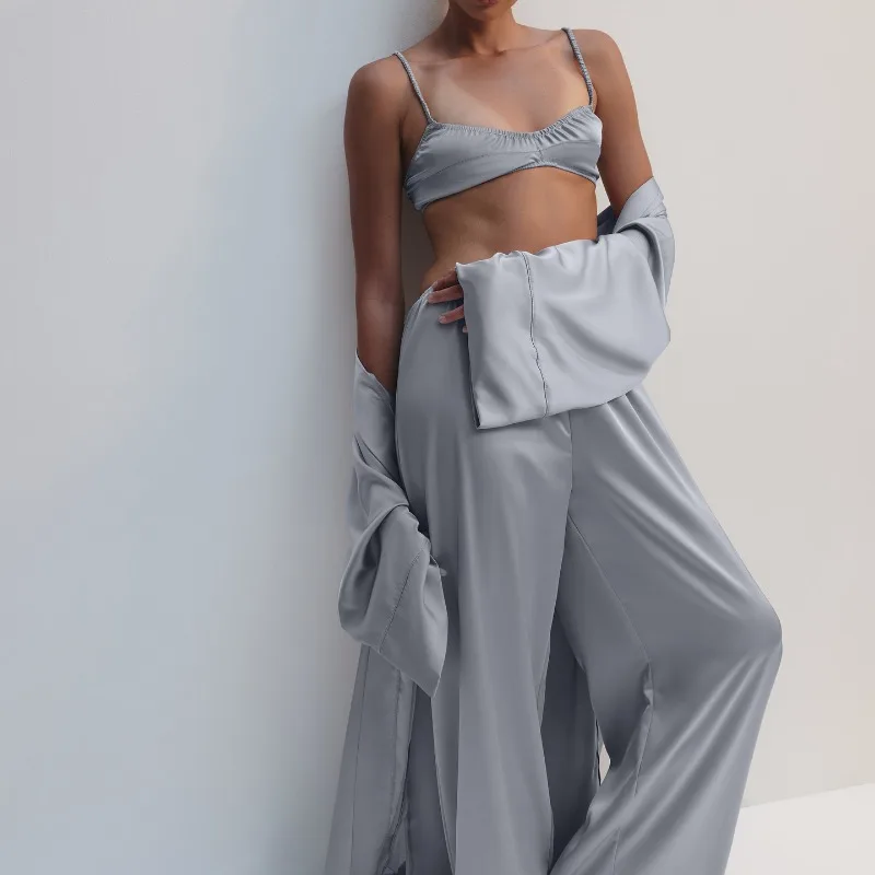 Autumn Collection Luxurious Blue Satin Long Sleeve Pajama Set Cardigan Trousers Comfortable Three-Piece Loungewear L Size