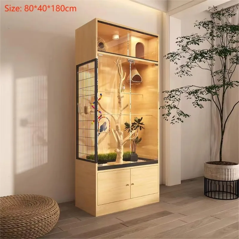 Large Tempered Glass Display Cabinet Parrot Pigeon Wood Station Nest Box Birdhouse Breeding Birdcage