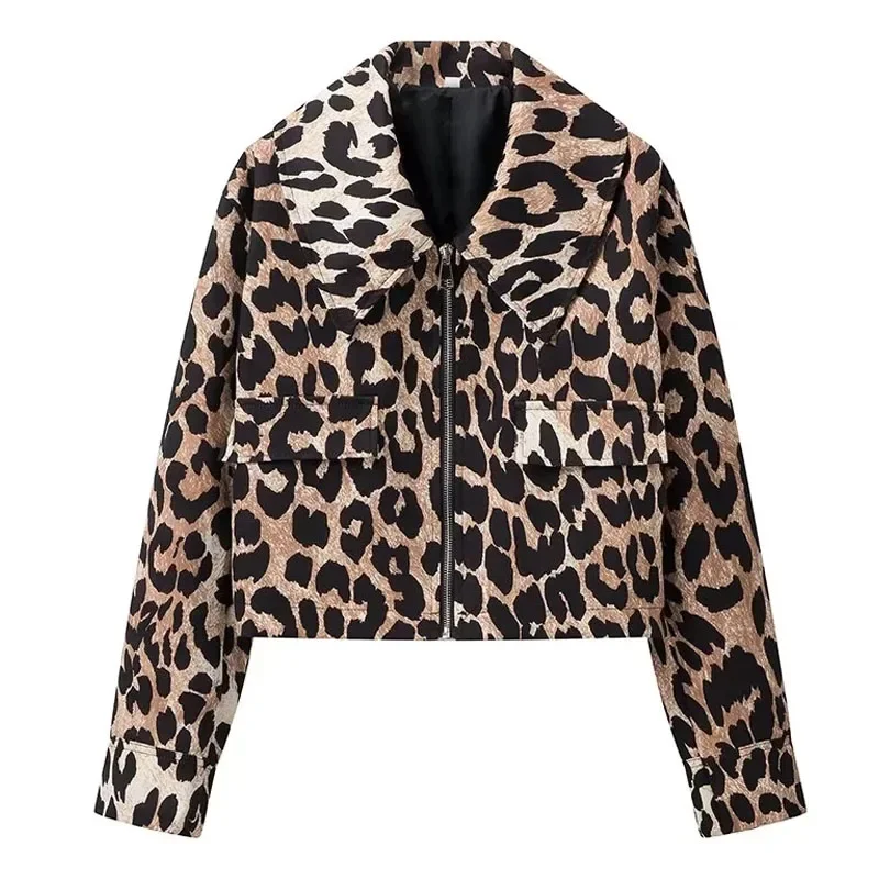 2024 Leopard Print Cropped Jacket Women Zipper Long Sleeve New In Jackets Streetwear Spring Women\'s Moto Biker Jacket