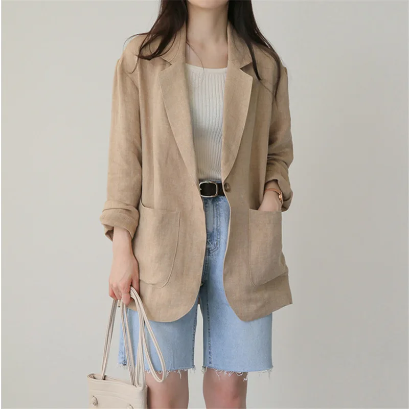 Women Spring  Autumn Solid Suit Jacket Office Commuter Thin  Single Button Casual Loose Leisure Small Suit Jacket Women
