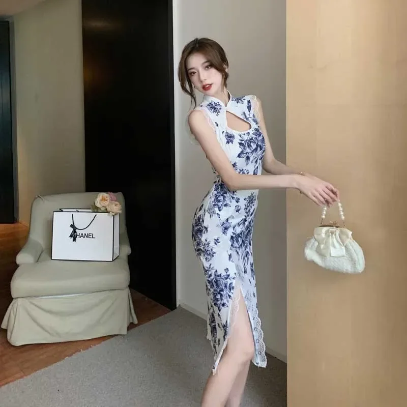 Cheongsam à imprimé floral de style chinois pour femmes, robe de soirée vintage, robe fendue, batterie, mince, dentelle rétro, élégante, Qipao, sexy, éducative