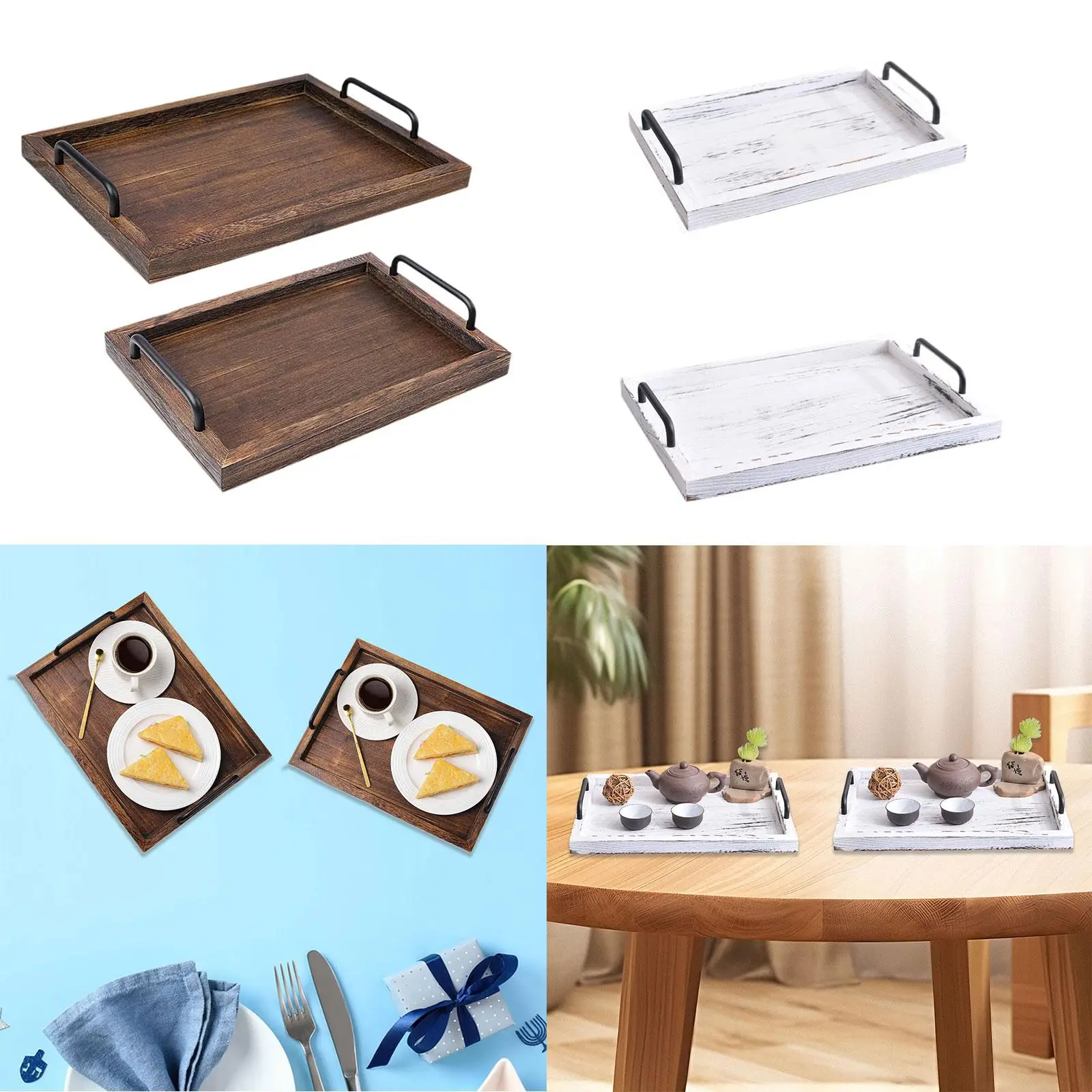 2 Pieces Rustic Wooden Serving Trays Multipurpose Coffee Table Tray Vintage Stylish Wooden Board for Food Tea Breakfast Coffee