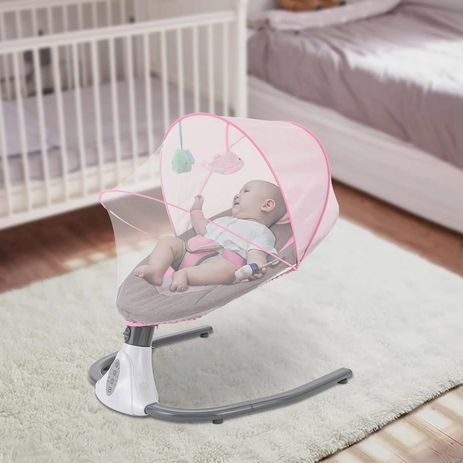 Baby Rocking Chairs Pink Portable Swing for Infants Girls Electric Bluetooth Remote Control Baby Bouncer Comfortable and Safe