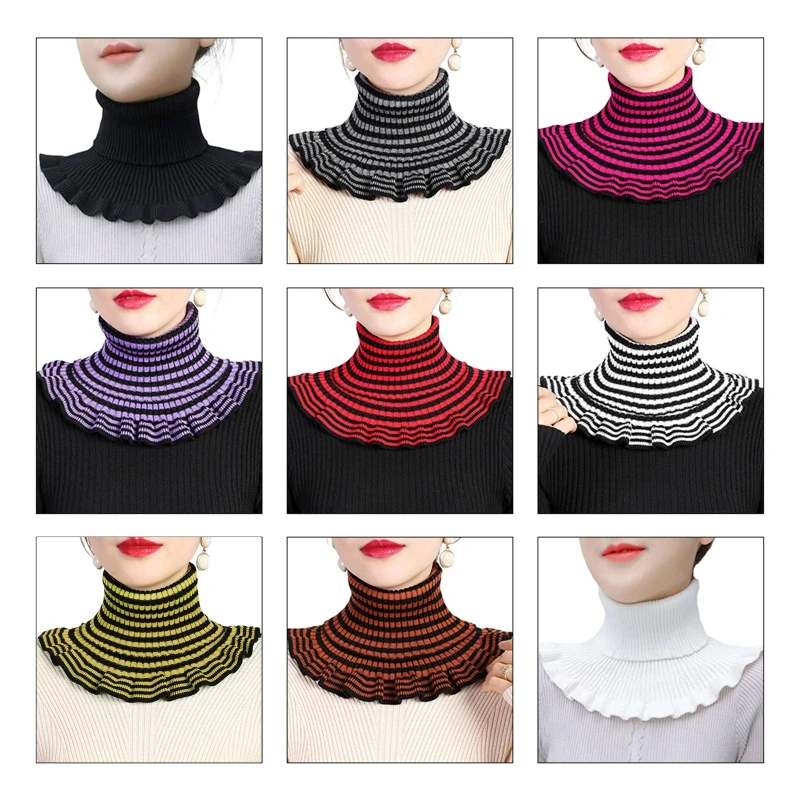 Women Winter Ribbed Knit Fake Collar Striped Turtleneck Dickey Neck Warmer Scarf