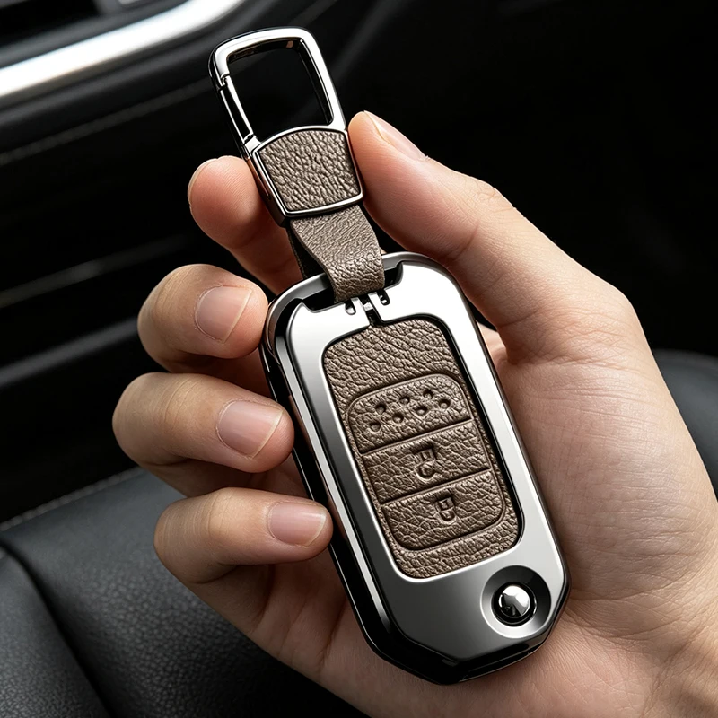 Zinc Alloy Leather Car Flip Key Case Cover for Honda Civic CR-V HR-V Agreement Jade Crider Odyssey 2015-2018 Protective Shell