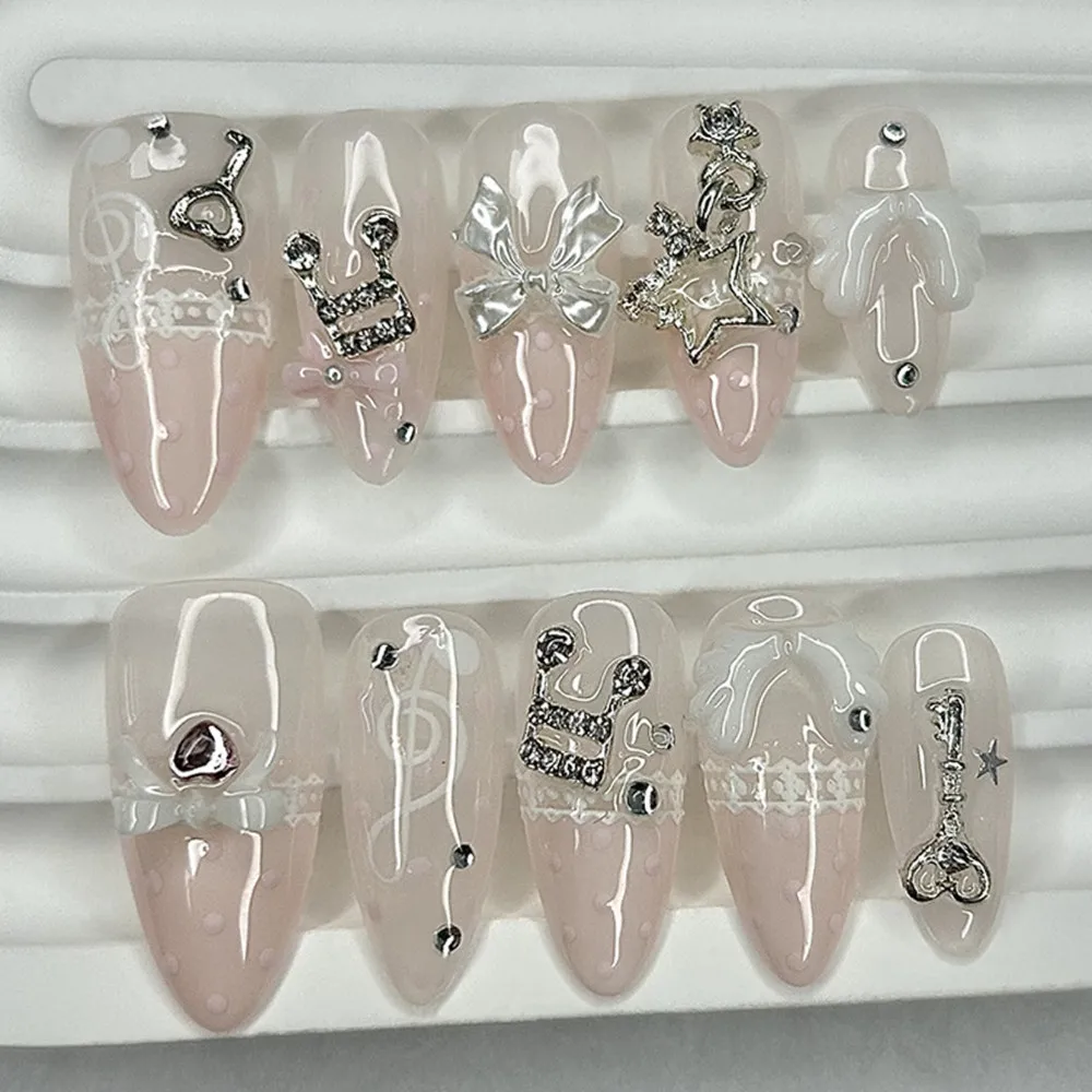 10 Pieces Retro Cute 3D Butterfly Wings Diamond Handmade Press on Nails Musical Lace Polka Dot French Fake Nails Art