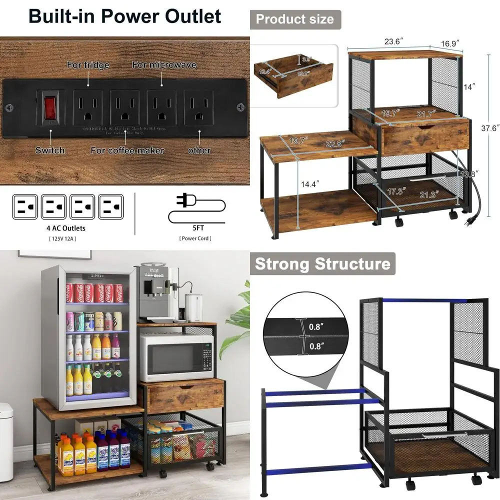 

Compact Fridge Shelf with Storage, Coffee Station Cabinet with Outlet and Drawer, Rolling Basket Microwave Stand for Home, Dorm,