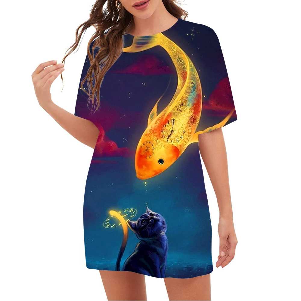 CLOOCL, camiseta informal para mujer, camisetas de manga corta con estampado 3D de Piscis y gato, camisetas de gran tamaño para mujer