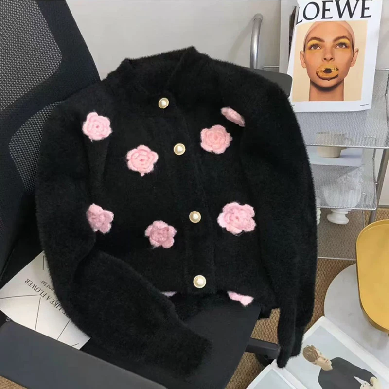 

Fashion Imitation Mink Cardigan for Women Korean Elegant 3D Flowers Hairy Knit Sweater Coat Autumn Sweet All Match Outerwear