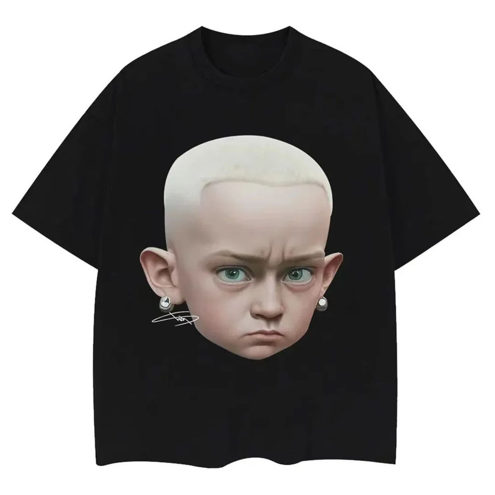 Version of Eminem head print heavy hip-hop street retro personality cotton short sleeve T-shirt couple top man