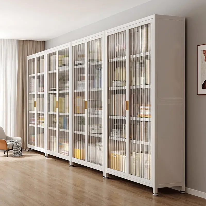 Steel Bookshelf with Door Dustproof Full Wall Cabinet Floor Standing Storage Rack for Home Library Organization