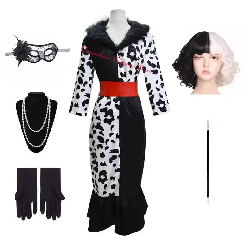 Disfraz de Cruella De Vil para Mujer Adulta, Máscara, Collar, Vestido, Peluca, Disfraz de Halloween