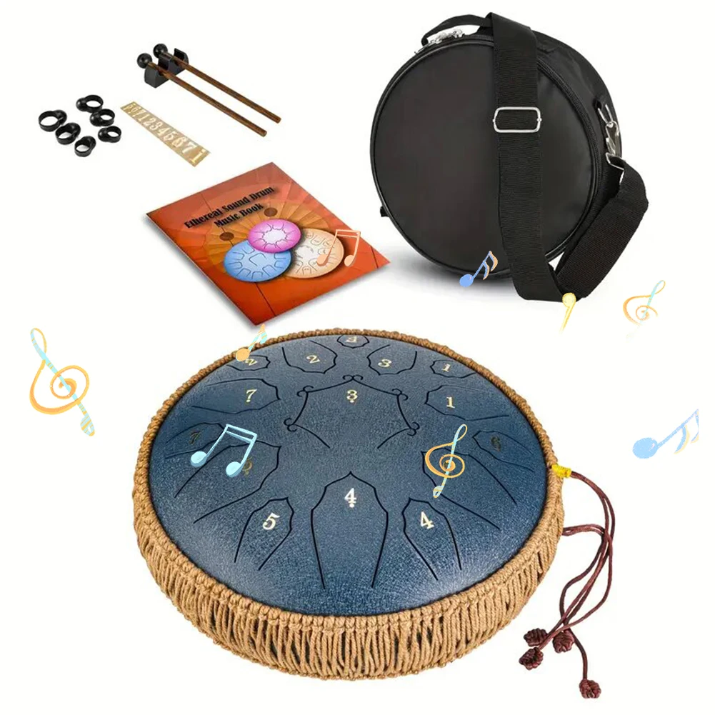 12 Zoll 15 Noten Stahlzunge Musiktrommel mit Handtasche Drumsticks Trommel Yoga Meditation Klangheilung Kind Anfänger Handtrommel