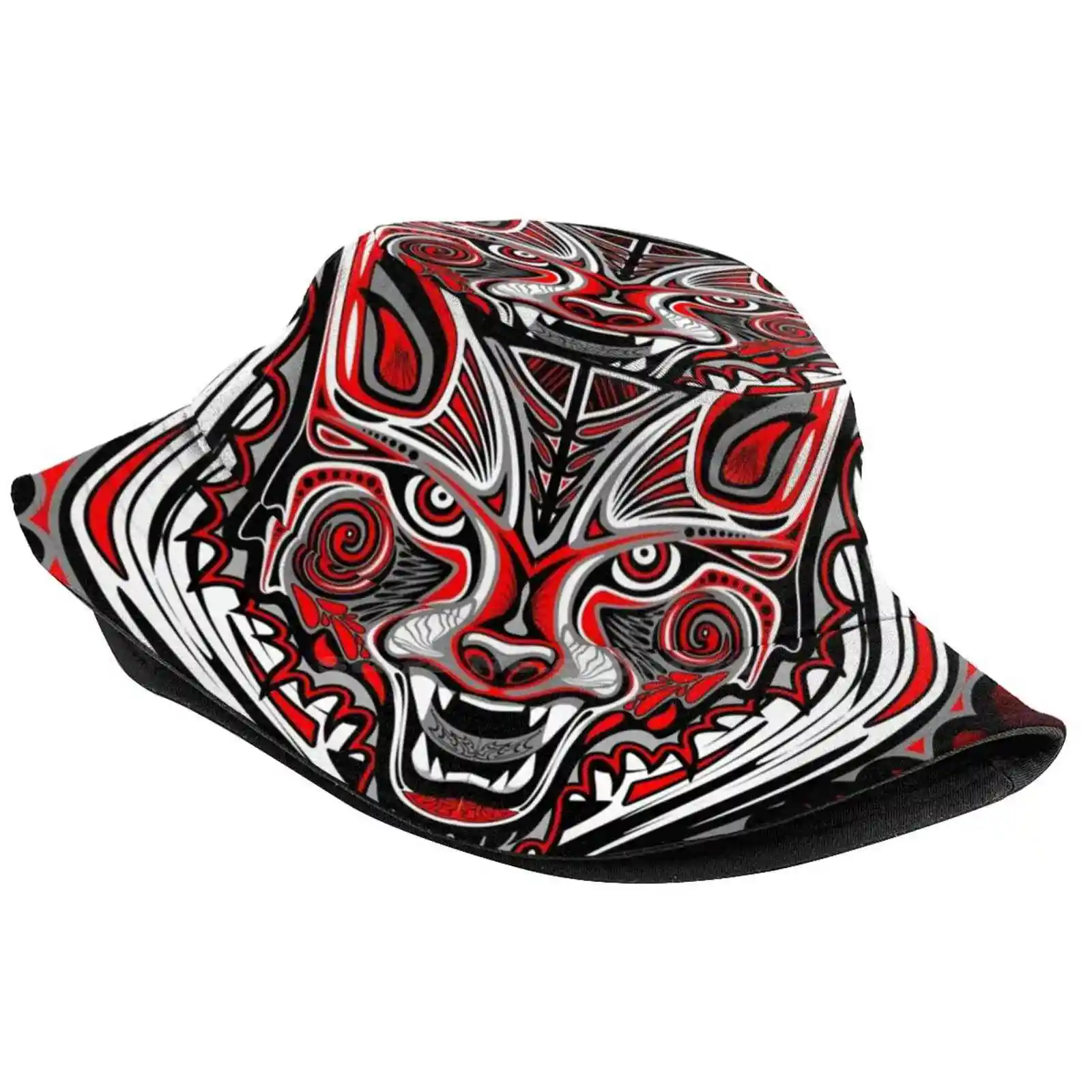 Wolf Tattoo Style Haida Art Sun Cap Fisherman Hat Bucket Hats Fierce Wild Wolf Wild Animal Tattoo Style Haida Art Black White