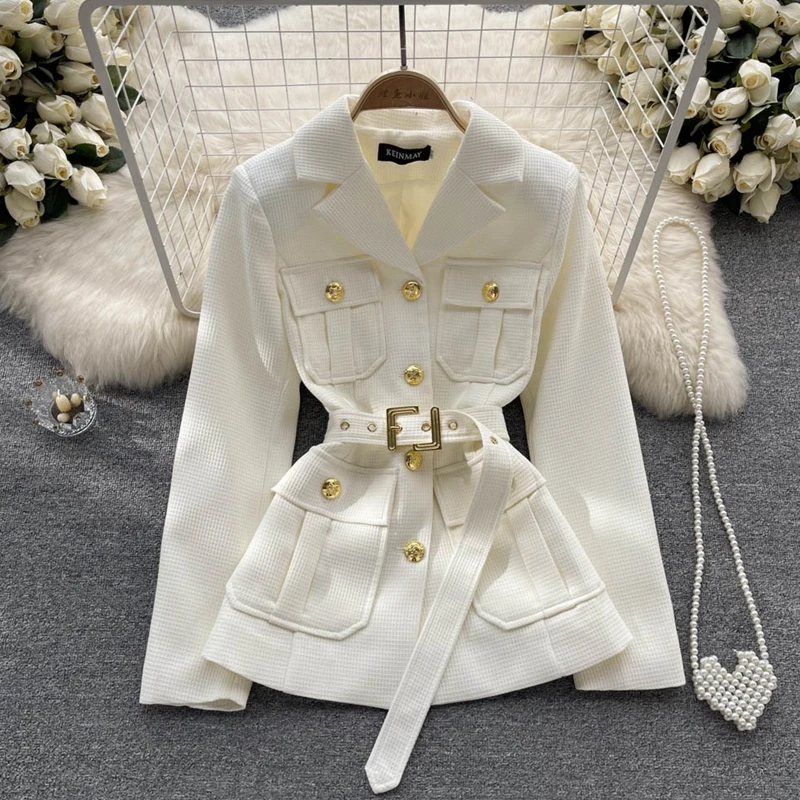 New Autumn Winter Outerwear Fashion Vintage Golden Buttons Pocket Coat Women\'s Notched Collar Belted Blazers Jackets Tops