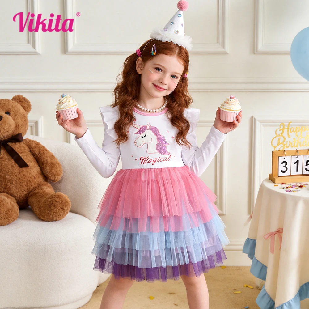 Girl Long Sleeve Unicorn Embroidery Tutu Dress Kids Colorful Layered Birthday Party Dance Prom Gown Princess Casual Dress 7-8Yrs