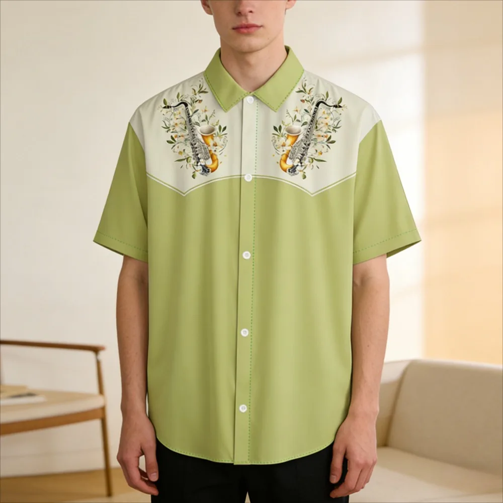 

Мужская модная повседневная рубашка с музыкальным и цветочным дизайном, рубашка с короткими рукавами и пуговицами, летняя рубашка в стиле ретро в гавайском стиле