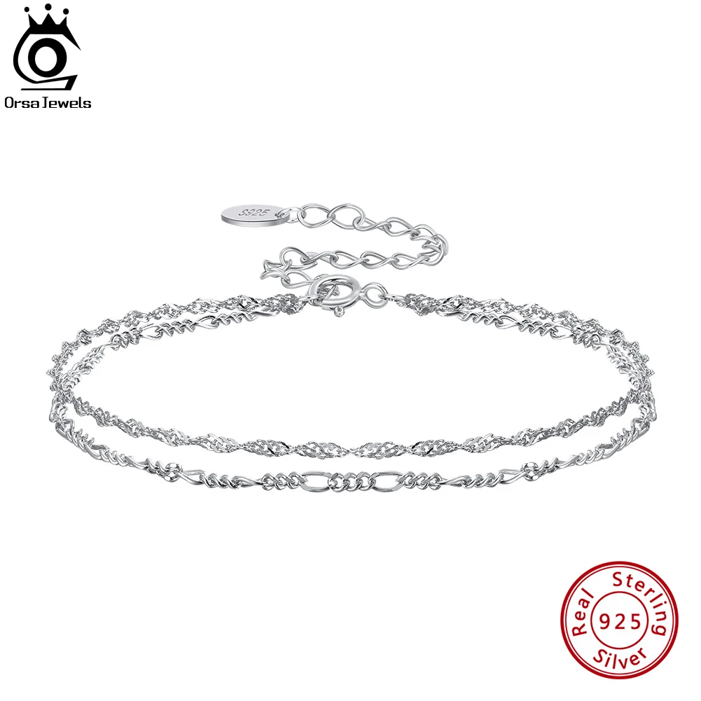 ORSA JEWELS Genuine 925 Sterling Silver Simple Double Layer Water Ware with Figaro Chain Bracelet Fashion Bracelet Jewelry SB132