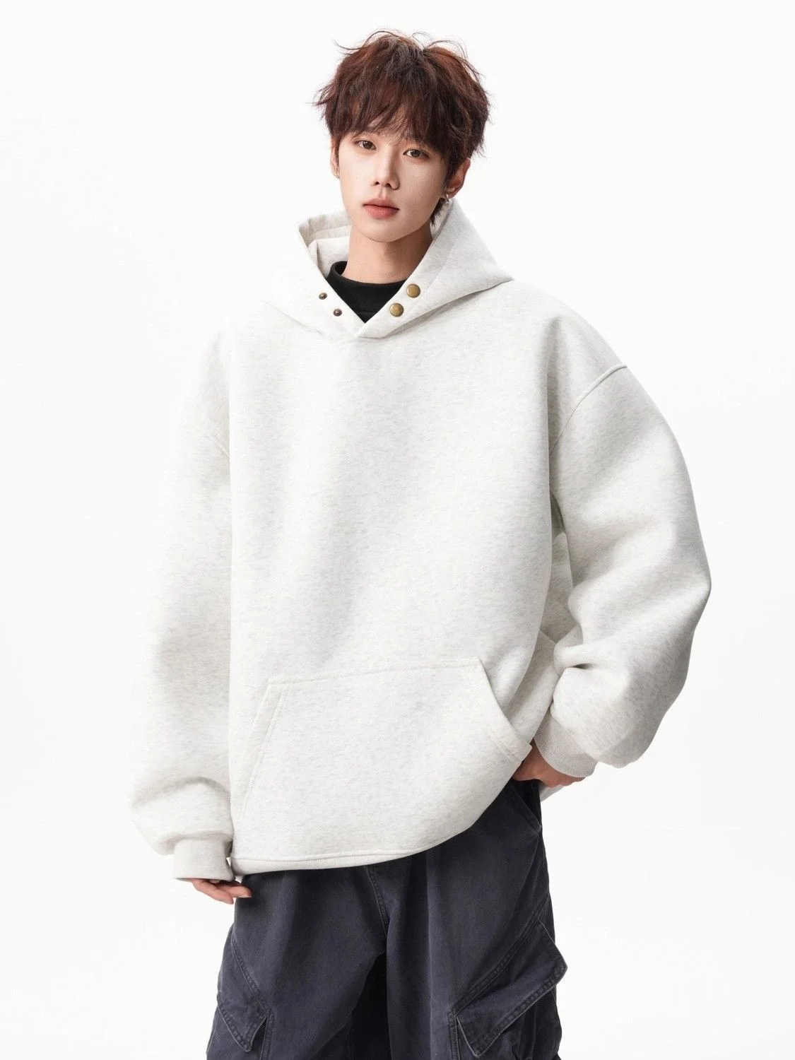 

Mens With Hat Hoodies For Man Cotton Fall Trendy Fit Clean Fabric O-Neck Half-Zip Simple Front Cool Urban Basic Layers Lining BF