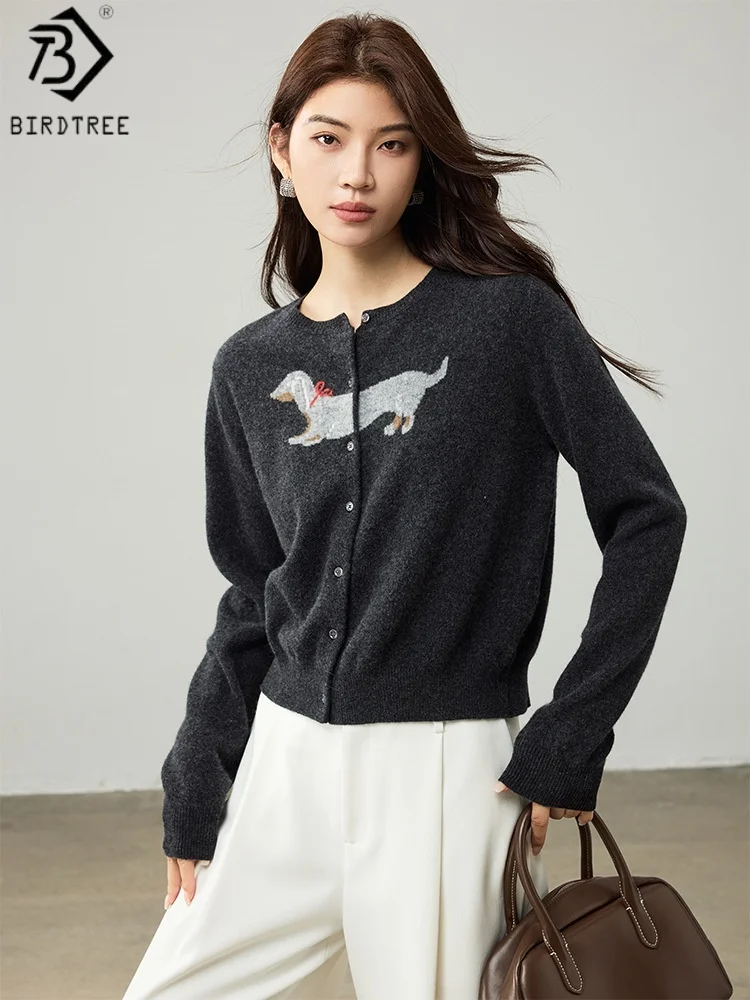 

Birdtree 100% Sheep Wool Jacquard Knit Cardigan,Woman Soft O-neck Full Sleeve Coat,2025 Autumn Single Breasted Sweater T59644JF