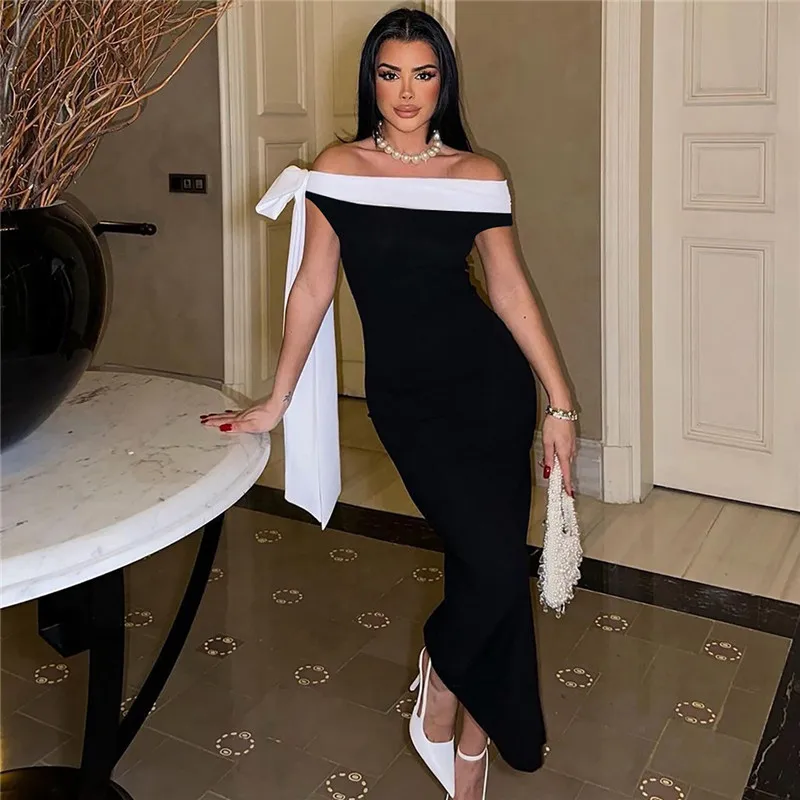 

Elegant Off Shoulder Women Dress Sexy Slash Neck Patchwork Bow Slim Maxi Vestidos Fashion Party Clubwear Ladies Outfits Dropship