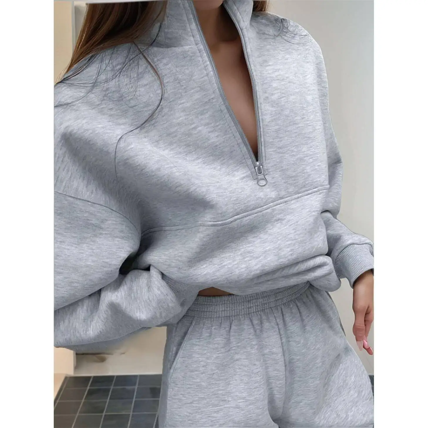 Fashionable Zipper Collar  Color Long Sleeve Casual Two-Piece Set with Pockets Autumn Winter New Arrival Women's Wear