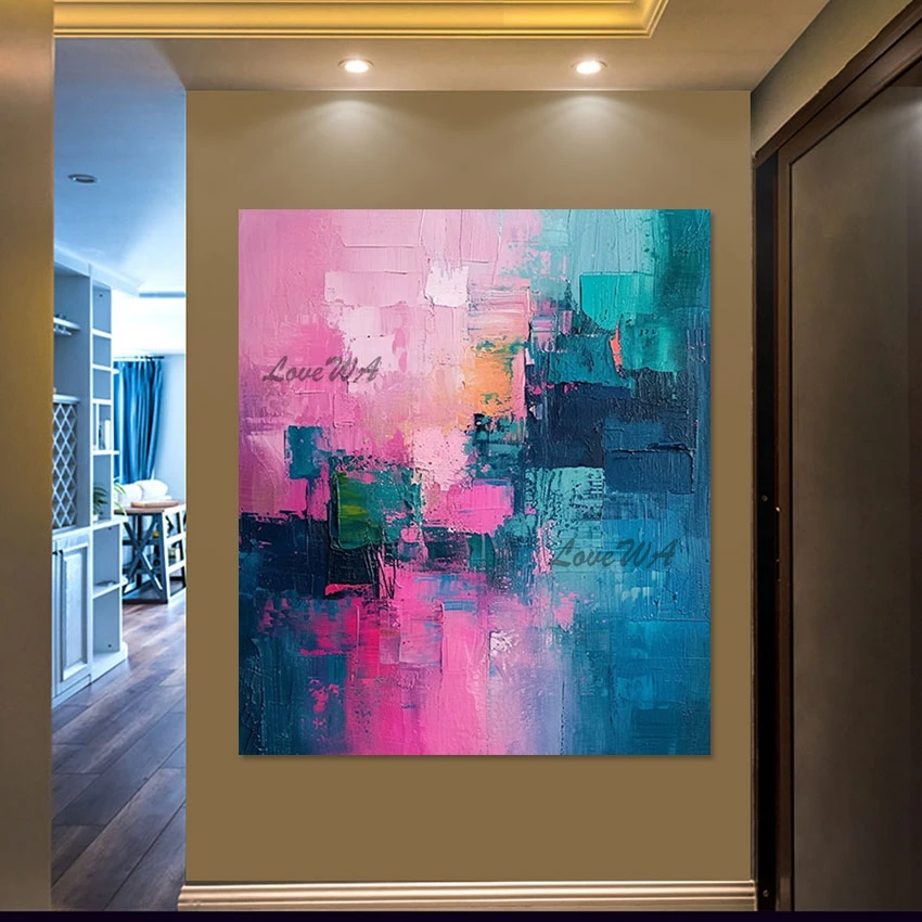 Abstract Picture Frameless Girl Room Decor Artwork Pink And Blue Textured Art Wall Mural Modern Handmade Paintings On Canvas