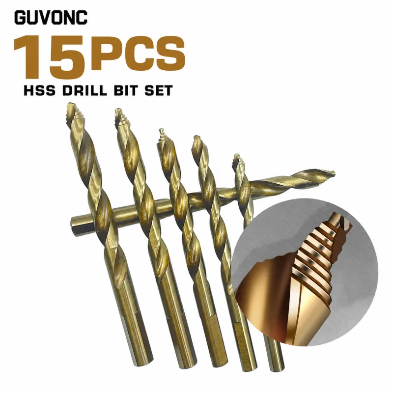 15Pcs Titanium Coated Twist Drill Bits Set 1‑8mm Straight Shank Drill Kit for Wood Metal Plastic PVC Drilling