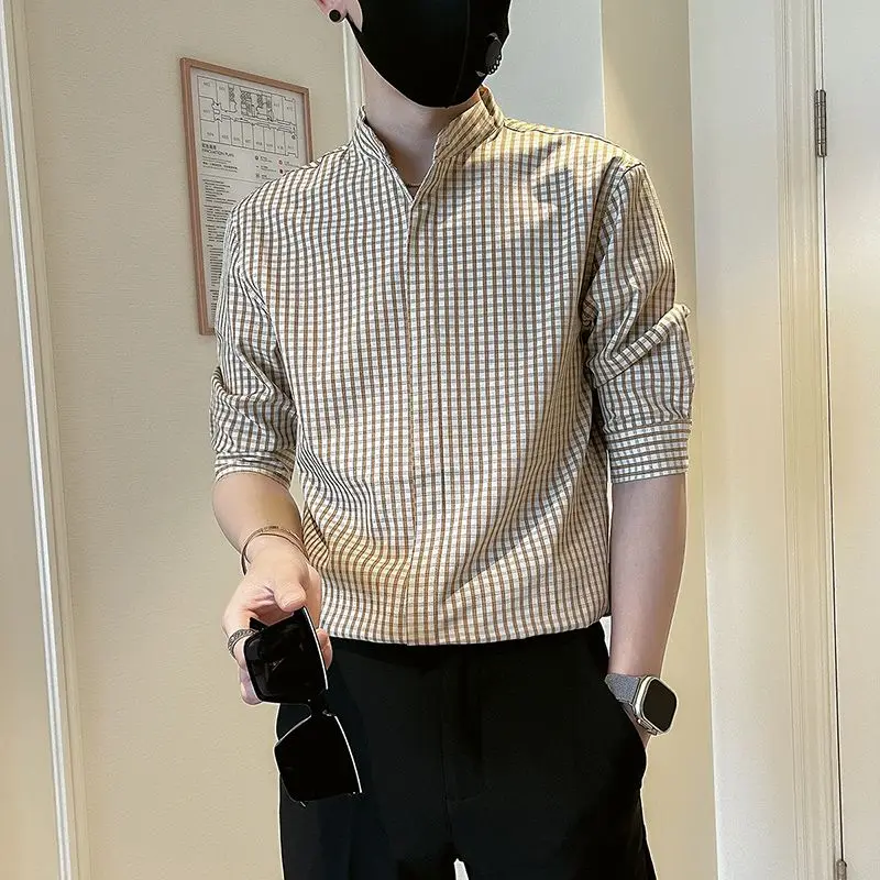 

Casual Plaid Stand Collar Shirts Men's Clothing Single-breasted Summer Chic Contrasting Colors Korean Half Sleeve Commute Shirts