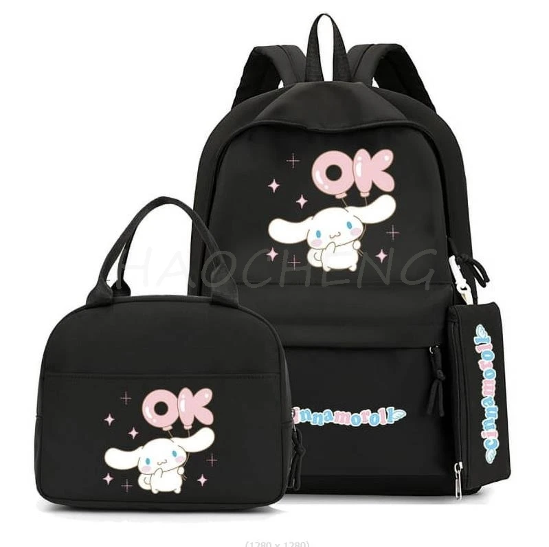 Cinnamoroll Anime Mochila para Estudante Adolescente, Mochila Escolar de Volta à Escola, Lunch Bag, Lápis, Mochila de Lazer para Mulheres, 3Pcs por Conjunto