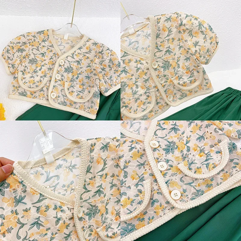 مجموعات ملابس الأطفال زهرة مطرزة قصيرة الأكمام أعلى + تنورة 2 قطعة مجموعات طفلة ملابس طفلة الزي مجموعة