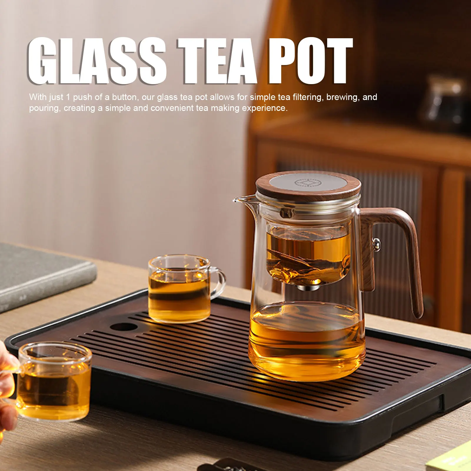 

1PC Glass Teapot with Strainer 800ml Clear Water Separation Tea Pot with Wooden Handle and Secure Magnetic Switch Lid