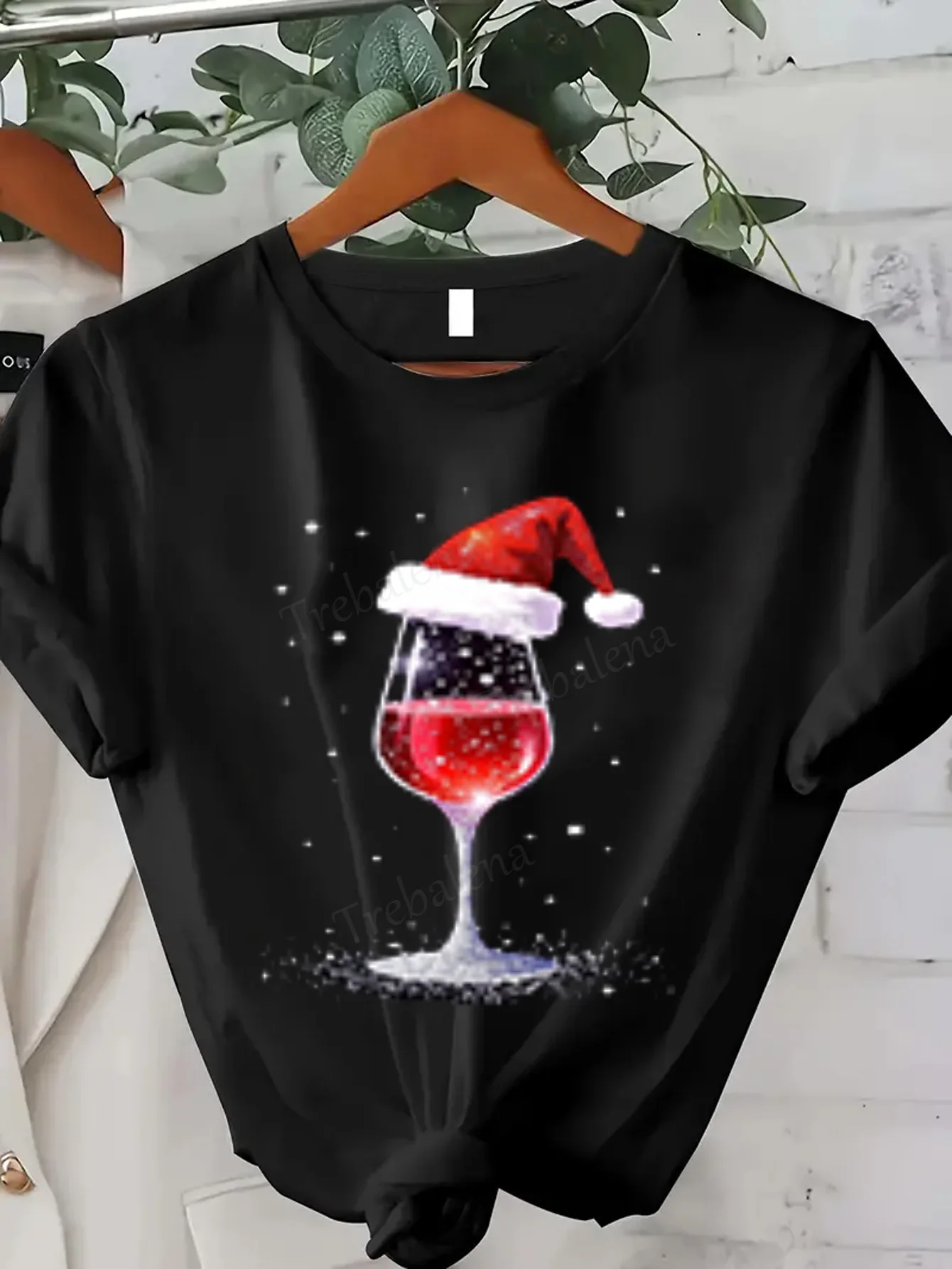 Women T-shirt Christmas Wine Glass Santa Hat Women's T-Shirt